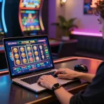 Engaged user exploring TT88 online gaming platform on laptop amid vibrant casino atmosphere.