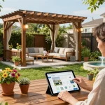 Using a pergola configurator on a tablet in a beautiful backyard setting
