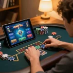 Playing xóc đĩa online on a tablet in a cozy home setting.