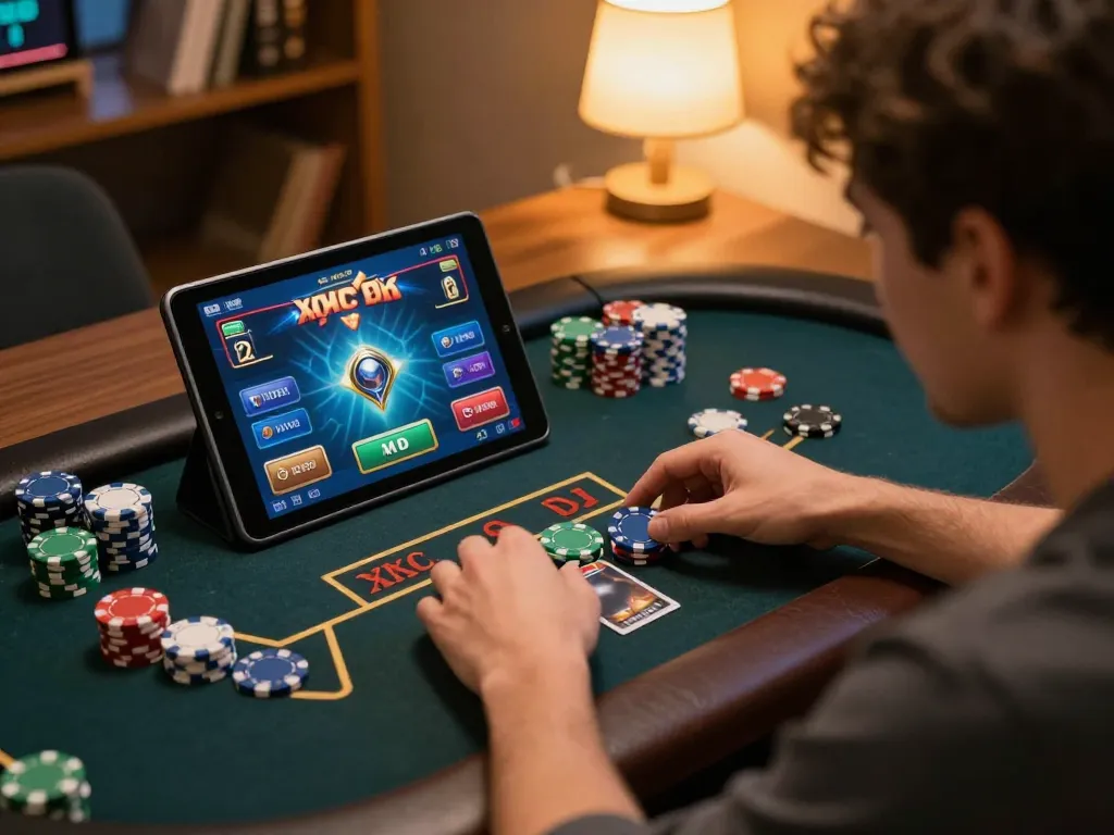Playing xóc đĩa online on a tablet in a cozy home setting.