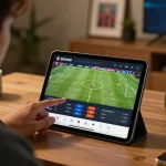 Engaging in tỷ lệ bóng đá kèo nhà cái with live betting on a sleek tablet in a modern workspace.