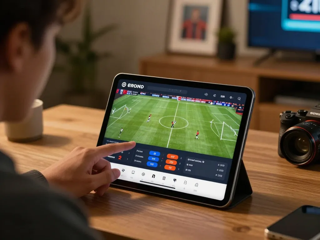 Engaging in tỷ lệ bóng đá kèo nhà cái with live betting on a sleek tablet in a modern workspace.