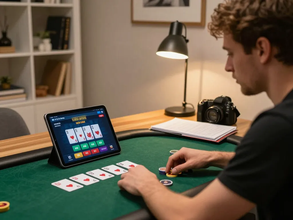 Player engaged in cm88 online poker game with tablet and strategy notes