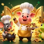Bet on UFABET with a lavish scene featuring a chef pig, sous-chef mouse, and critic frog among gold treasures.