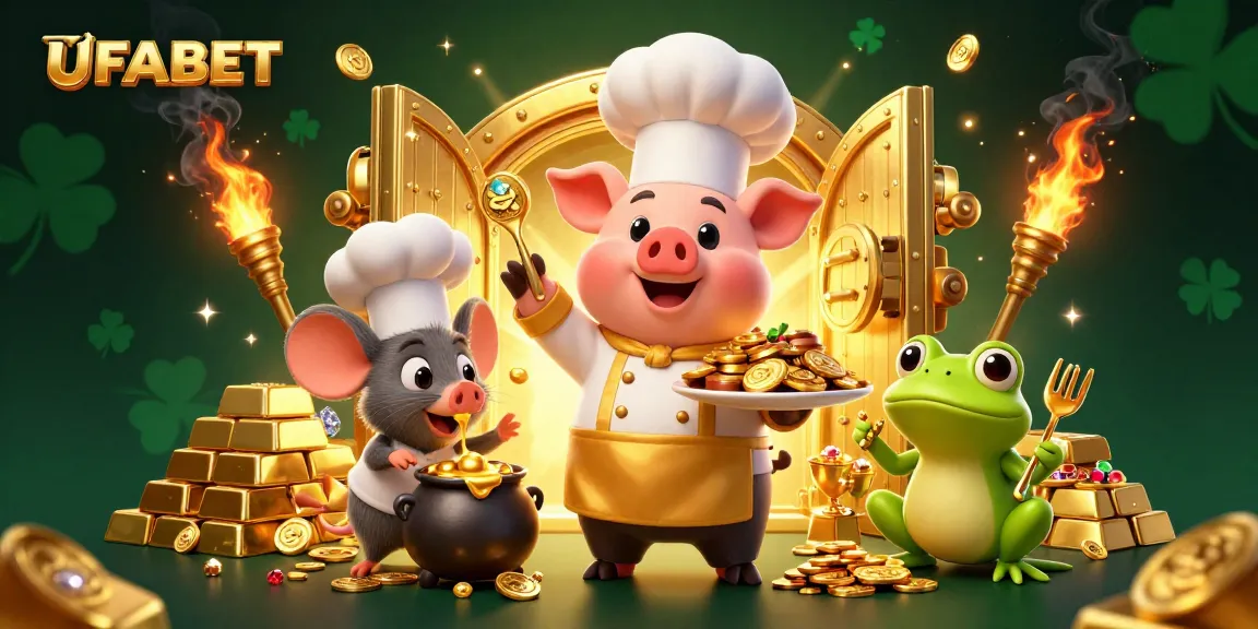 Bet on UFABET with a lavish scene featuring a chef pig, sous-chef mouse, and critic frog among gold treasures.