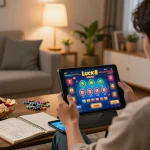 Engaging in strategic online gaming on Luck8 with tablet and betting notes.