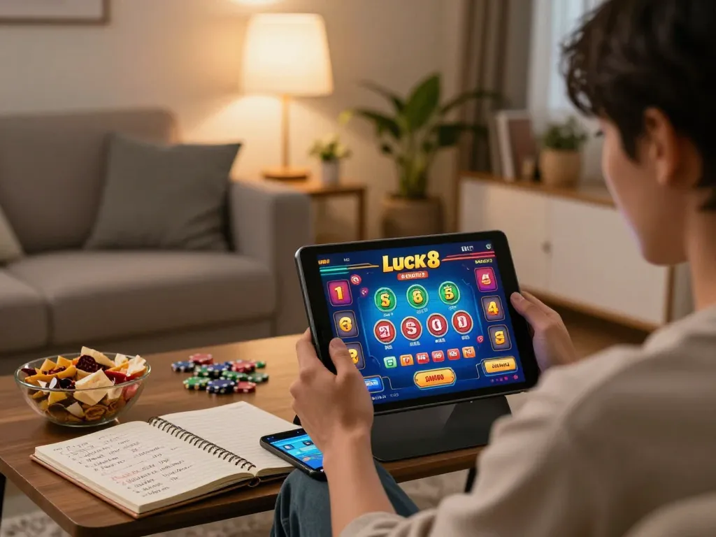 Engaging in strategic online gaming on Luck8 with tablet and betting notes.