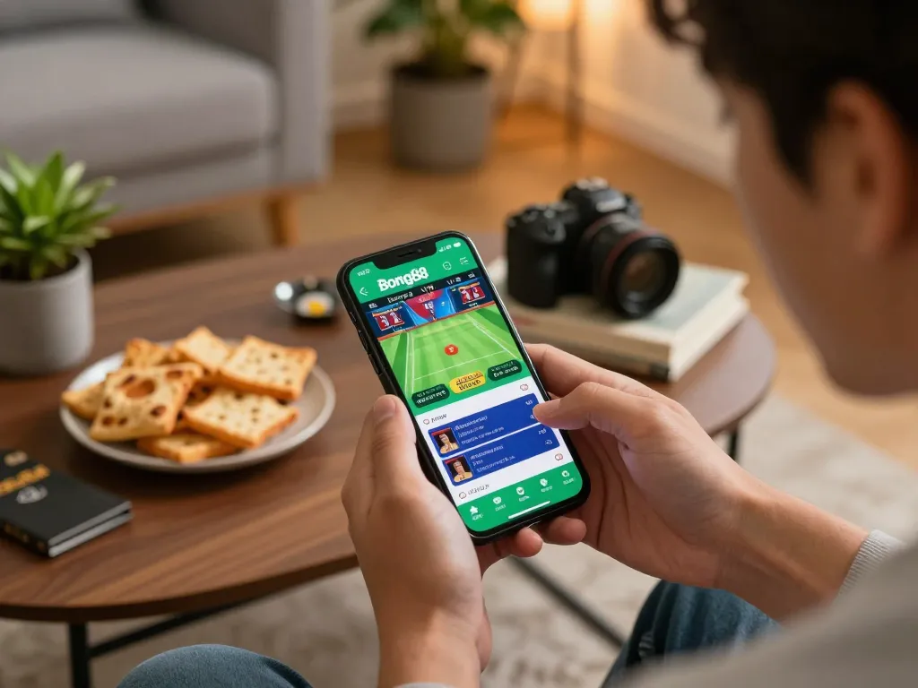Bong88 user engaging in sports betting via smartphone, showcasing live updates and betting options.