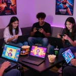 Group enjoying the latest NSFW games while downloading NSFW APKs on their devices in a cozy gaming lounge.