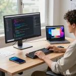 Engaged developer coding a spicy AI application in a modern tech workspace.