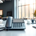 A professional business phone setup showcasing modern office features and organized workspace.