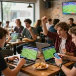 Young adults enjoying online betting on trang cá độ bóng đá in a lively café atmosphere.