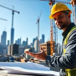 New York City Commercial General Contractor evaluating construction plans at a bustling site.