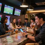 Engaged bettors analyzing ty le keo nha cai in lively sportsbook environment, capturing excitement and strategies in action