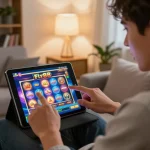 fly88 online slot game excitement captured on tablet with cozy home atmosphere