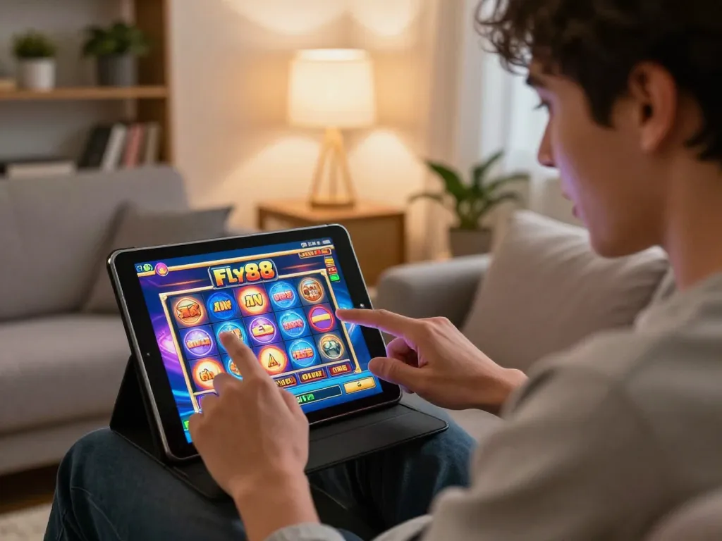 fly88 online slot game excitement captured on tablet with cozy home atmosphere