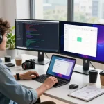 Developer using open claw AI in a modern tech workspace with dual monitors showing code and messaging apps.