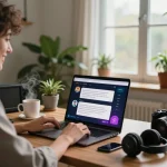 Interactive NSFW AI chat on a laptop screen in a cozy home office, showcasing engaging user experience.