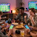 Friends enjoying online betting on uu88 in a lively urban setting, showcasing excitement and enjoyment.