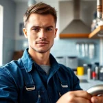 Find a reliable plumber near me fixing a sink in a bright kitchen.