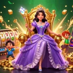 Experience thrilling wins at shbet1 with a photorealistic Asian princess amidst golden slot machines and casino action.