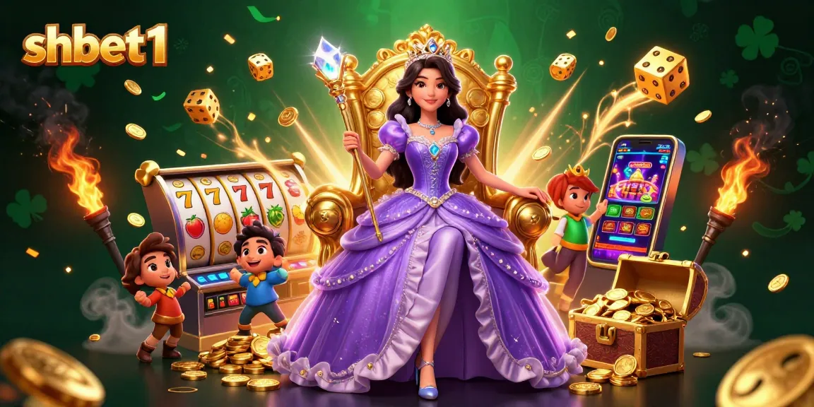 Experience thrilling wins at shbet1 with a photorealistic Asian princess amidst golden slot machines and casino action.