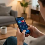 Person engaging in sports betting on smartphone app while at home, showcasing debet focus