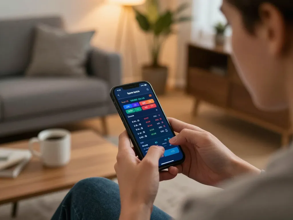 Person engaging in sports betting on smartphone app while at home, showcasing debet focus