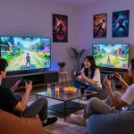 Friends enjoying a gaming night with Sun Win console and snacks in a cozy living room.