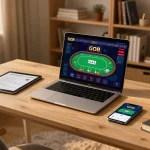 GO8 online poker game in an inviting home setup, showcasing responsible gambling atmosphere with notes and devices.
