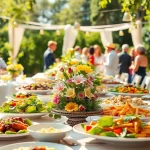 Guests enjoying a vibrant catering setup with gourmet dishes at cateringhirelondon's elegant outdoor event.