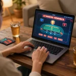 vt88 player engaging in online casino games from a cozy home setup, highlighting a strategic gambling experience