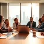 Engaged professionals collaborating to adverise your business in a modern conference room.
