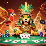 Experience the excitement of go99 with a vibrant poker scene featuring a Mayan jaguar priest and game elements.