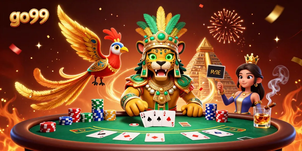 Experience the excitement of go99 with a vibrant poker scene featuring a Mayan jaguar priest and game elements.