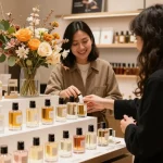 Seasonal fragrances showcased in a chic boutique, with varied perfume bottles and a customer interacting with the sales associate.