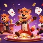 Join the fun at credit card casinos with lively hyena characters in a vibrant casino scene.