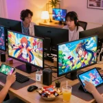 Engaging players enjoying hentai games online on various devices with dynamic character interactions.