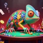 Experience thrilling wins at bl555 with a vibrant chameleon casino owner amidst exciting colorful treasures.