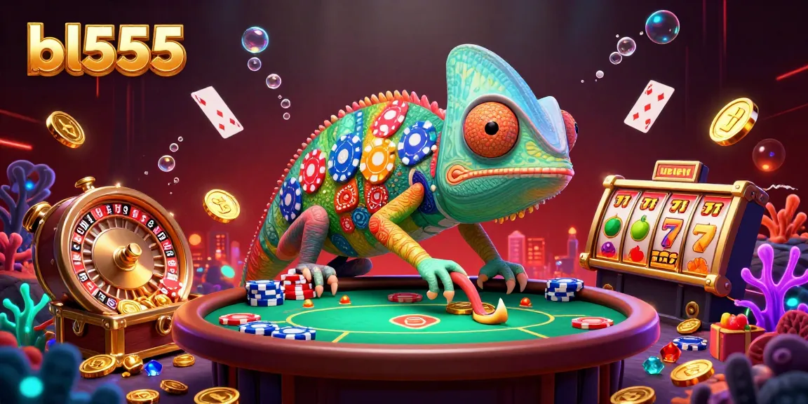 Experience thrilling wins at bl555 with a vibrant chameleon casino owner amidst exciting colorful treasures.