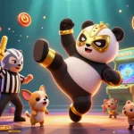 hi79 features a panda wrestler flying kick, energized with casino-themed elements.