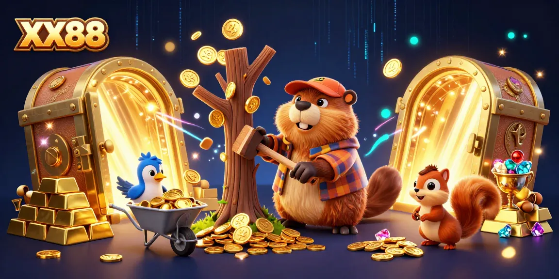 Experience thrilling wins at XX88 with a vibrant casino scene showcasing gold coins and treasure.