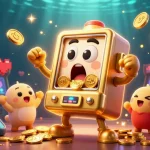 Engaging Go88 scene with golden slot machine surprised by jackpot coins pouring out, featuring vibrant arcade elements.