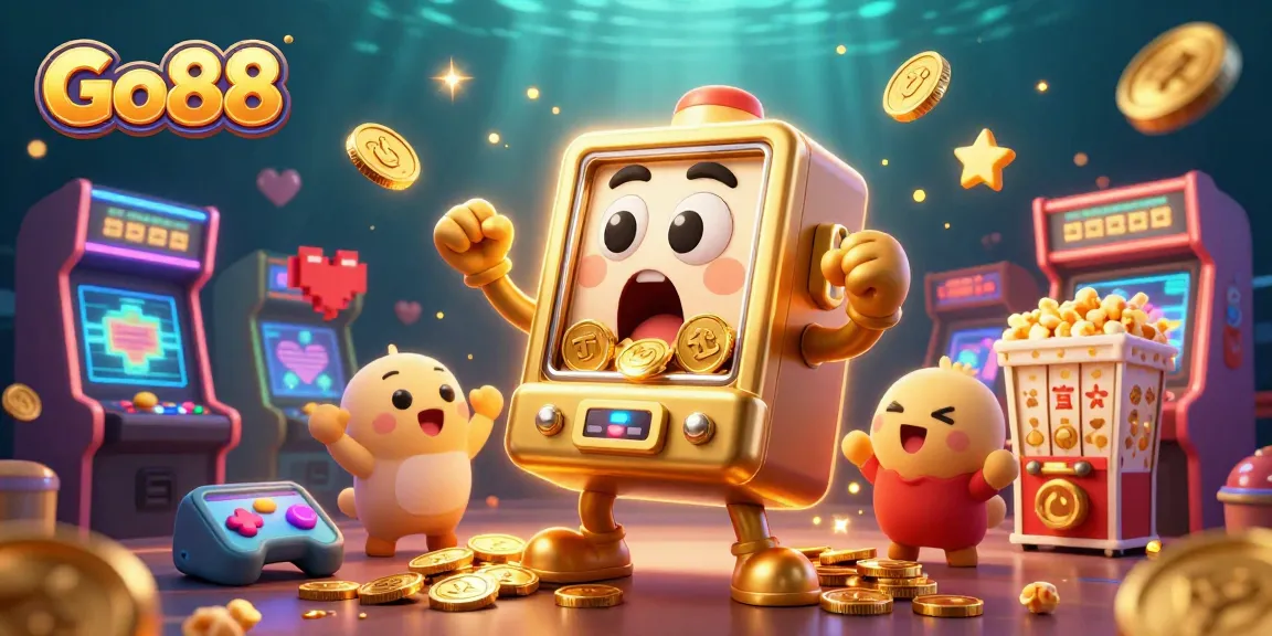 Engaging Go88 scene with golden slot machine surprised by jackpot coins pouring out, featuring vibrant arcade elements.