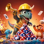Snowballing illustration with triceratops and celebrating characters amidst casino elements and vibrant decor