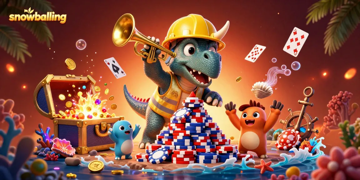 Snowballing illustration with triceratops and celebrating characters amidst casino elements and vibrant decor