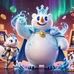 Experience the excitement of GO88 with a vibrant 3D casino scene featuring an ice king polar bear and snow fox amidst slot machines and festive elements.