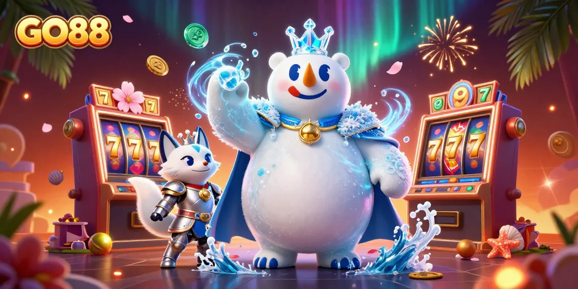 Experience the excitement of GO88 with a vibrant 3D casino scene featuring an ice king polar bear and snow fox amidst slot machines and festive elements.