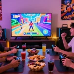 Group enjoying a hentai game together with vibrant anime visuals, snacks, and laughter in a cozy gaming room.