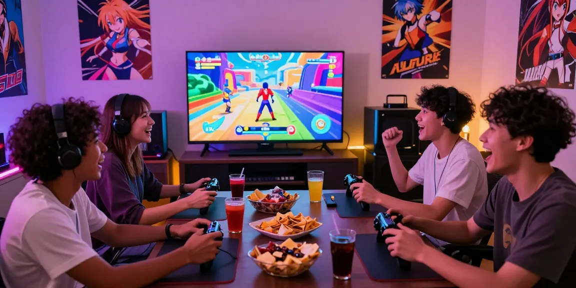 Group enjoying a hentai game together with vibrant anime visuals, snacks, and laughter in a cozy gaming room.
